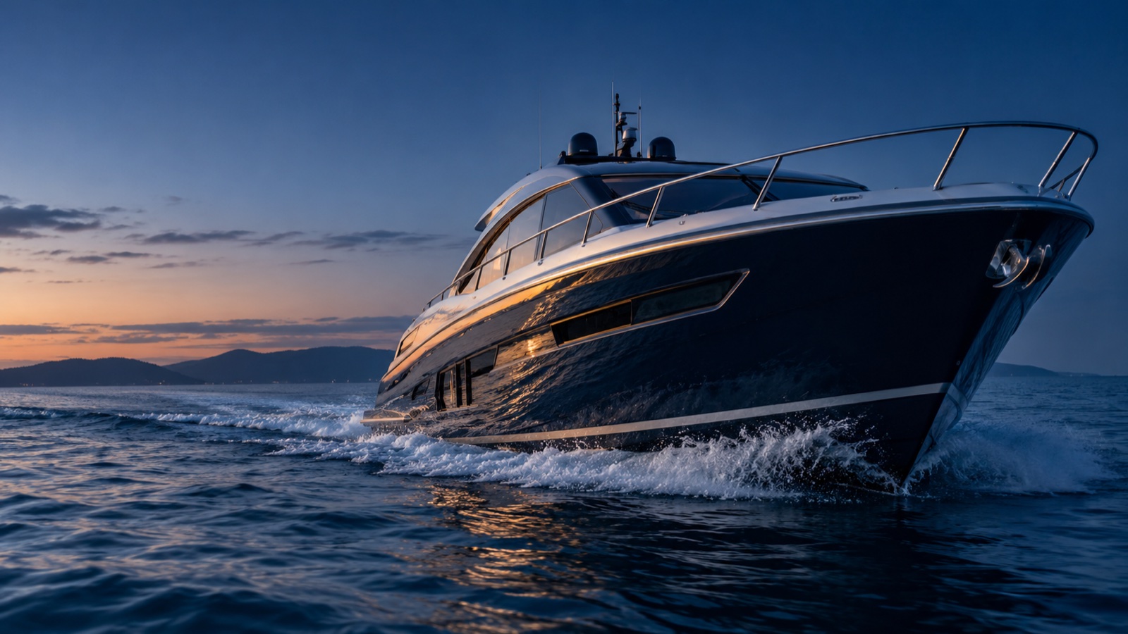 Dark navy luxury motor yacht moving through the Atlantic at blue hour